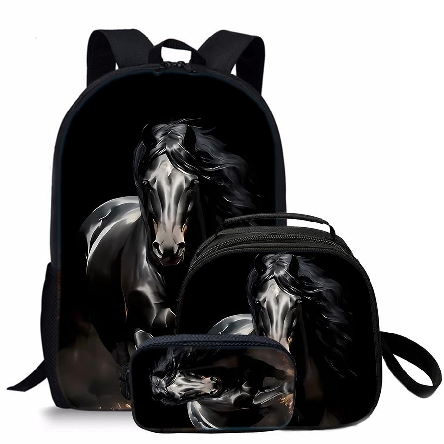 Horse pattern printed 17-inch backpack three-piece set (single-layer backpack + round lunch bag with shoulder strap + single-layer pencil case)