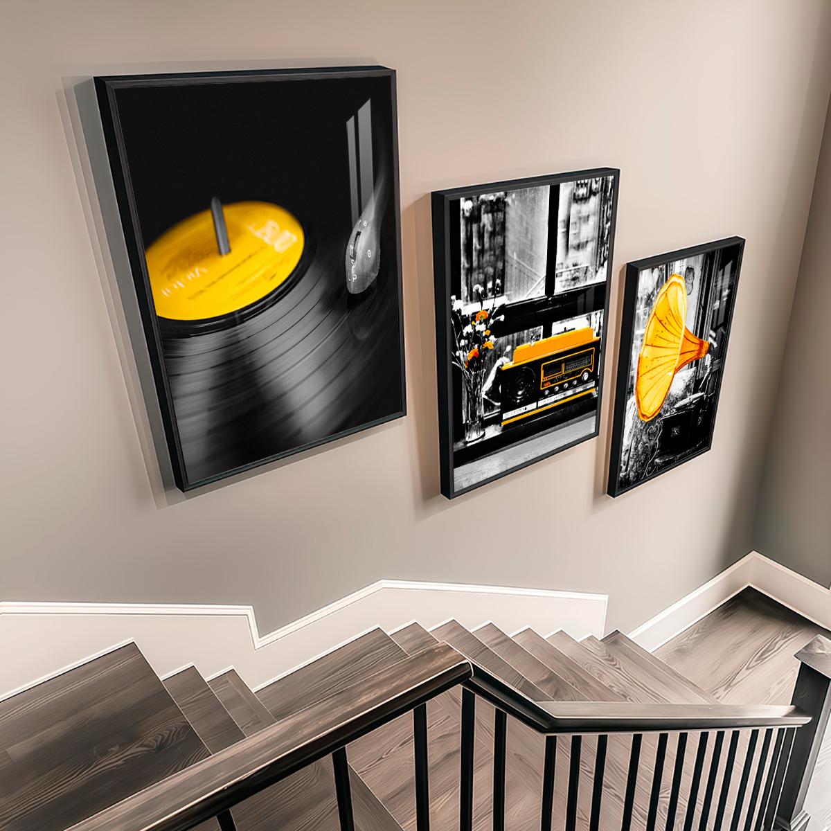 3 Counts Aluminum Alloy Framed Painting, Retro Vinyl Record Radio And Gramophone Pictures, Home Decoration For Living Room, Bedroom, Office, Restaurant, Hallway Wall Decor, Odorless Print Artwork, Luxury Perfect Gift For Friends And Family