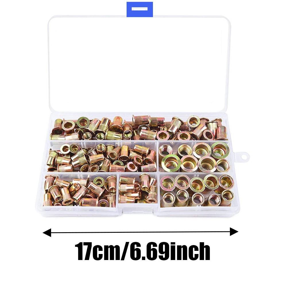 150pcs Rivet Nuts Combo Set, Includes #8-32, #10-24, 1/4"-20, 5/16"-18, 3/8"-16, Zinc Plated Carbon Steel, Flat Head Threaded Embedded Nuts