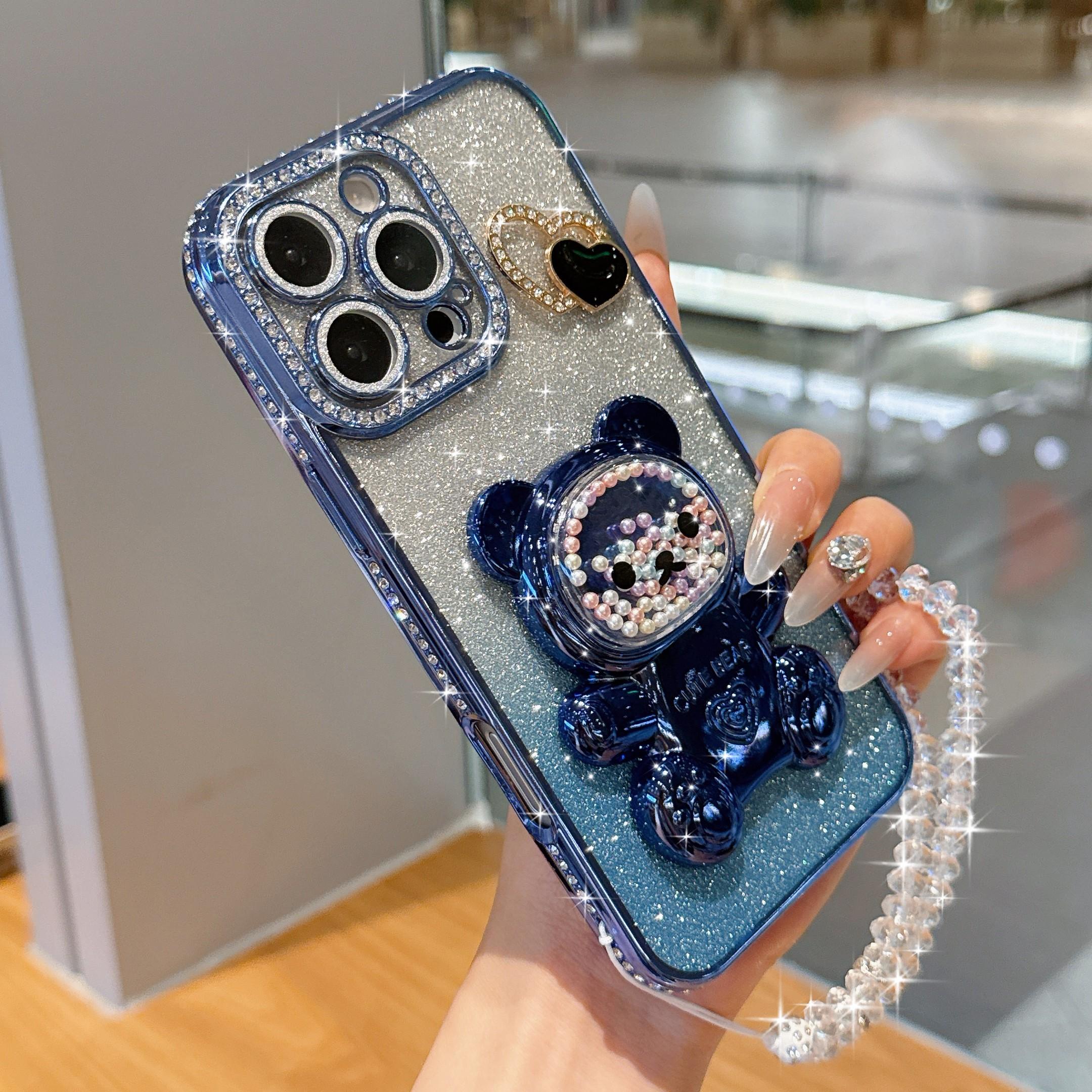 Luxury Blue Bear Stand Phone Case, Gradient Sand Anti-Drop Protection, Crystal Lanyard, Fits iPhone 17pro Max 16pro 15 14 13 12 11