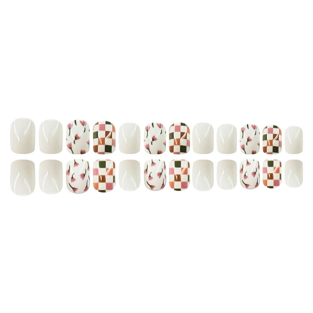 French Floral Nail Art Stickers, Sweet European Style Removable Nails, 24 Pieces, Elegant Grid Design, Perfect for DIY Manicure
