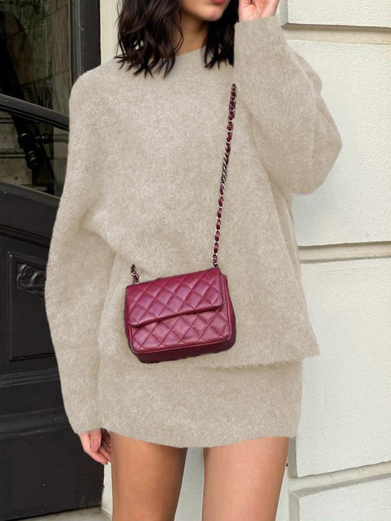 Autumn Winter Women's Stylish Commuter Two-Piece Set, Casual Elegance with Knitted Top and Skirt, Perfect for Fashionable Outings