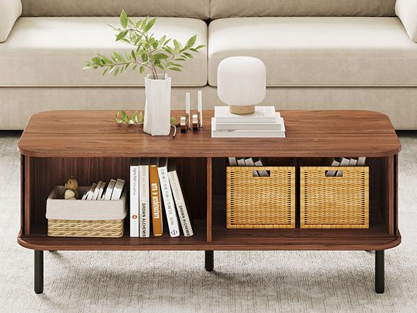 【SPOTLIGHT DAY】ONBRILL Fluted Coffee Table with Storage, 47.2" Mid Century Modern Coffee Tables for Living Room, Rectangle Wood Center Table with Sliding Tambour Door & Adjustable Leg for Living Room,Bedroom Furniture