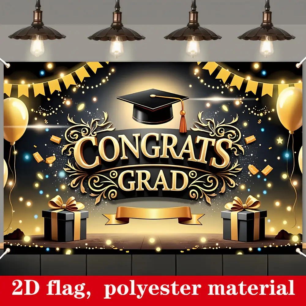2D Flat Congrats GRAD Graduation Backdrop Banner, Vintage Grad Cap Diploma with Sparkling Lights & Balloons Print, Polyester Photo Background Wall Decor for Indoor Outdoor Graduation Party