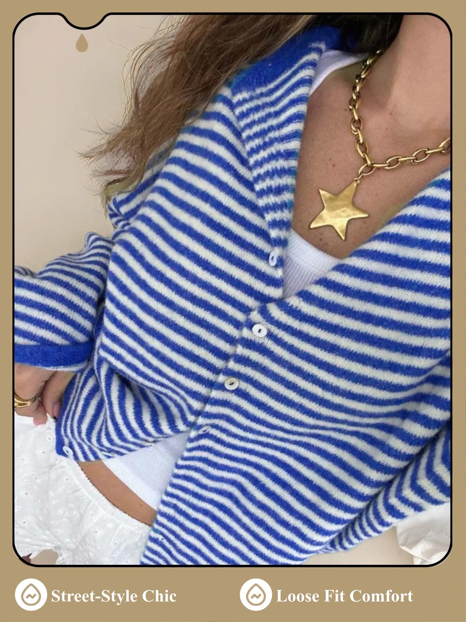 Women's Striped Knitted Sweater Cardigan, Casual Basic Knitwear Long Sleeve for Fall & Winter, Fashion Women's Knit Clothing for Daily Wear Women's Striped Knitted Sweater Cardigan, Casual Basic Knitwear Long Sleeve for Fall & Winter, Fashion Women's Knit Clothing for Daily Wear