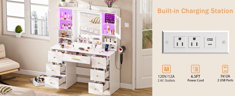 Makeup Vanity Desk with Mirror and Lights - White Large Vanity Desk with 7 Drawers & LED Jewelry Cabinet, Vanity Table with Charging Station, Dressing Table for Bedroom