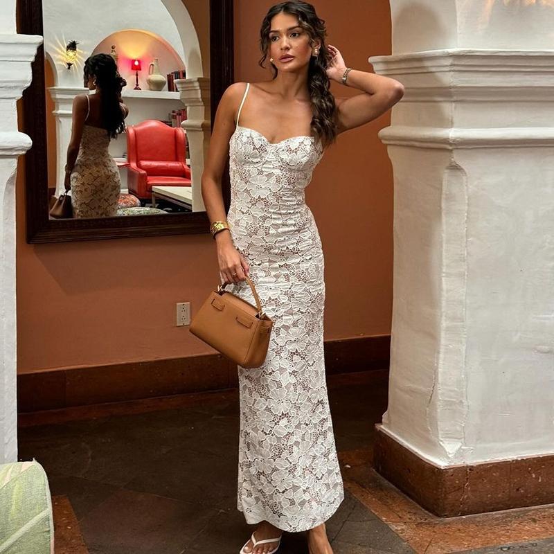 Women's Lace Panel Back-Split Sleeveless Bodycon Slip Long Dress, Solid Color Party Club Holiday Dress, Formal Wear