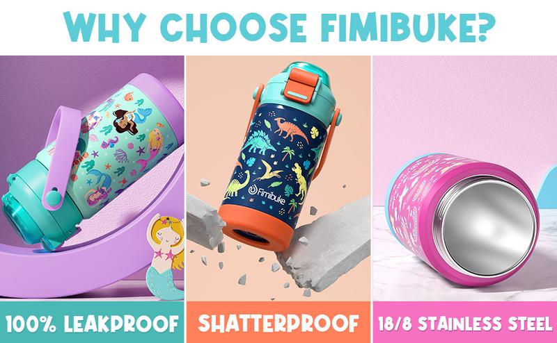 Product Introduction of Fimibuke BPA-Free Insulated Water Bottle, 14/18oz Leak Proof 18/8 Stainless Steel Vacuum Tumbler with Pop-Open Straw & Spout 2-in-1 Lid, Travel and School Cup 2