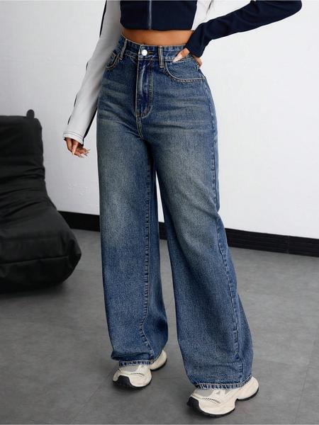 New Trendy Fashion Women's Straight Leg Wide-Leg Classic Versatile Elastic Comfortable Washed Denim Jeans, All Seasons Casual Wear, Bottoms