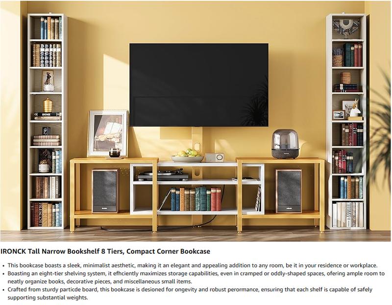 IRONCK Tall Narrow Bookshelf 8 Tiers, Compact Corner Bookcase, Easy to Match for Living Room, Office, Study, Bedroom