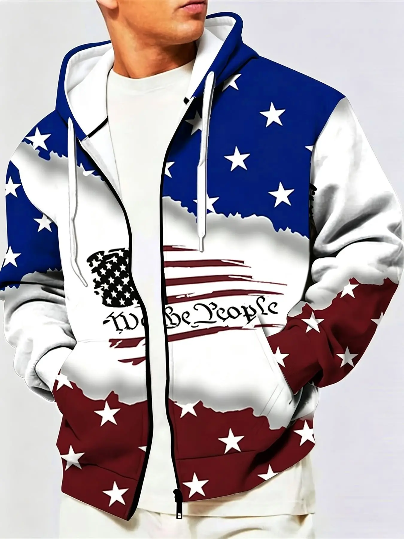 Vintage American Flag Zipper Hooded Jacket Print for Men, Loose-Fit Casual Outer Vest, Breathable Comfort Fabric, All Seasons Wear