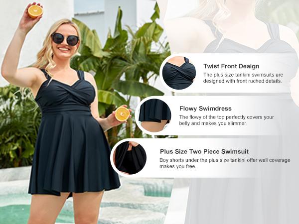 Aqua Eve Plus Size Two Piece Swimsuits for Women Tankini Bathing Suits Flowy Swim Dress with Shorts
