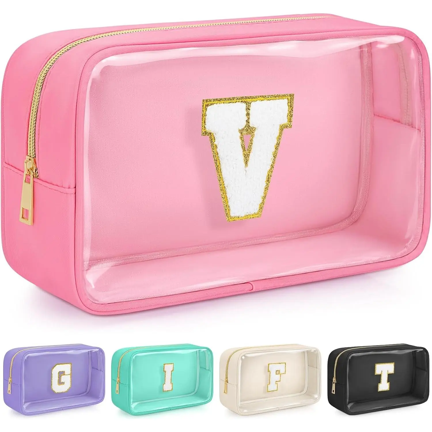 Personalized Initial Clear Makeup Bag with Chenille Patch, Birthday Gift Cosmetic Bag, Preppy Travel Toiletry Pouch for Women, Girls, Teachers & Moms (Pink, A)Gift
