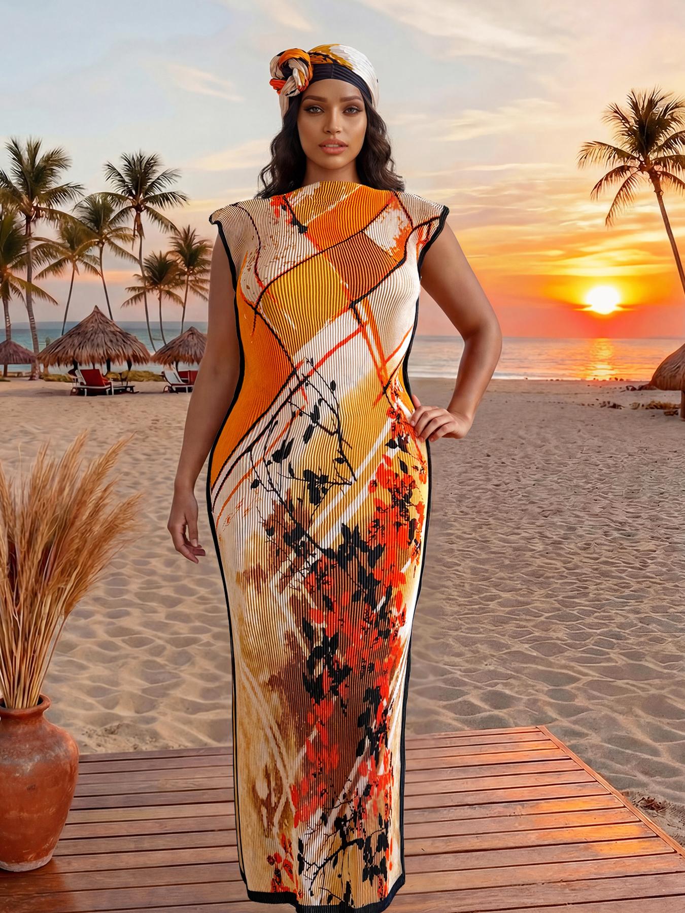 Elegant Pleated Fit and Flare Moo Moo Long Dress with Equestrian Print, Complete Set with Shawl and Long Silk Scarf for Beach Sun Protection, Beach Cover Ups, Swimsuit Cover Up