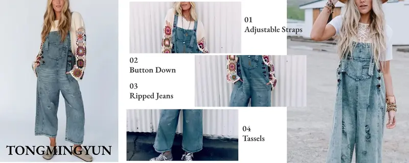 Product Introduction of Goranbon Women's Denim Overalls Casual Jumpsuits Loose Fit Adjustable Strap Distressed Bib Jeans Overall Jumpsuits 7