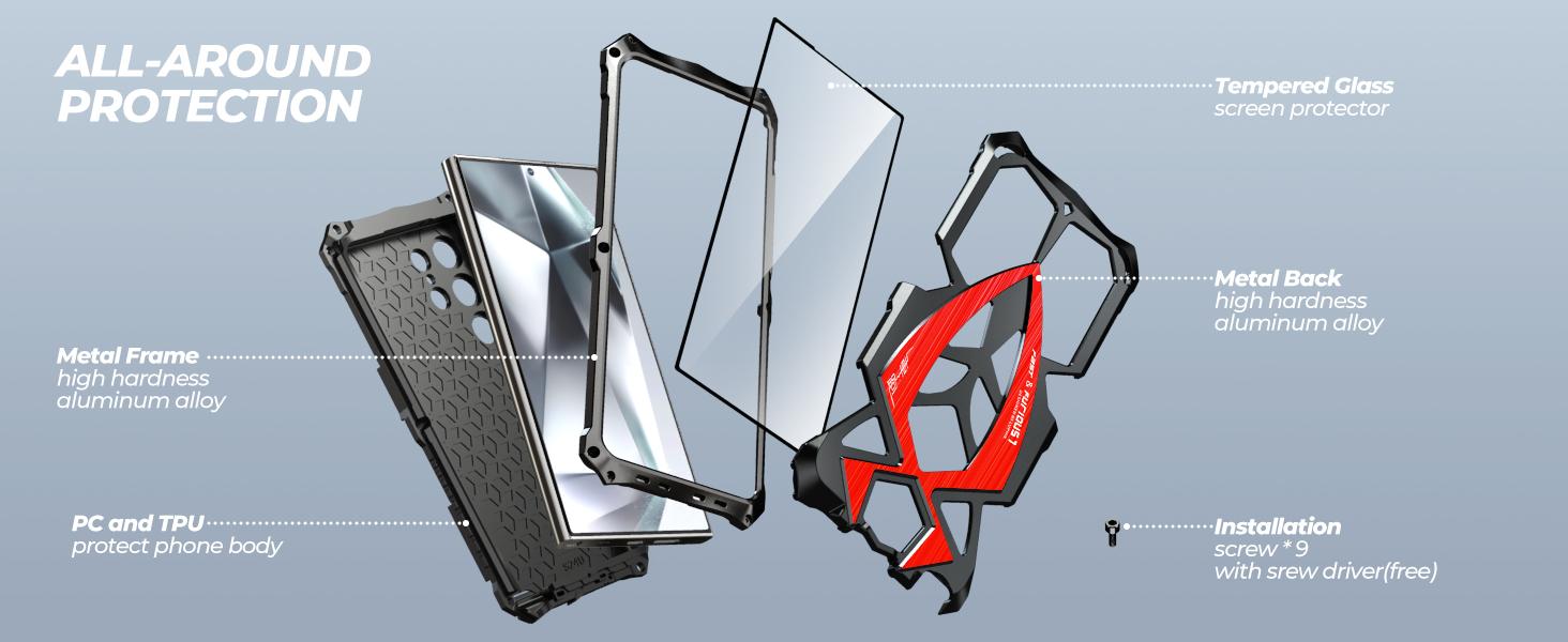 for Galaxy S24/S25 Ultra Heavy Duty Metal Armor Phone Case Built-in Screen Lens Protection Protective Dust Proof Military Grade Rugged - Black