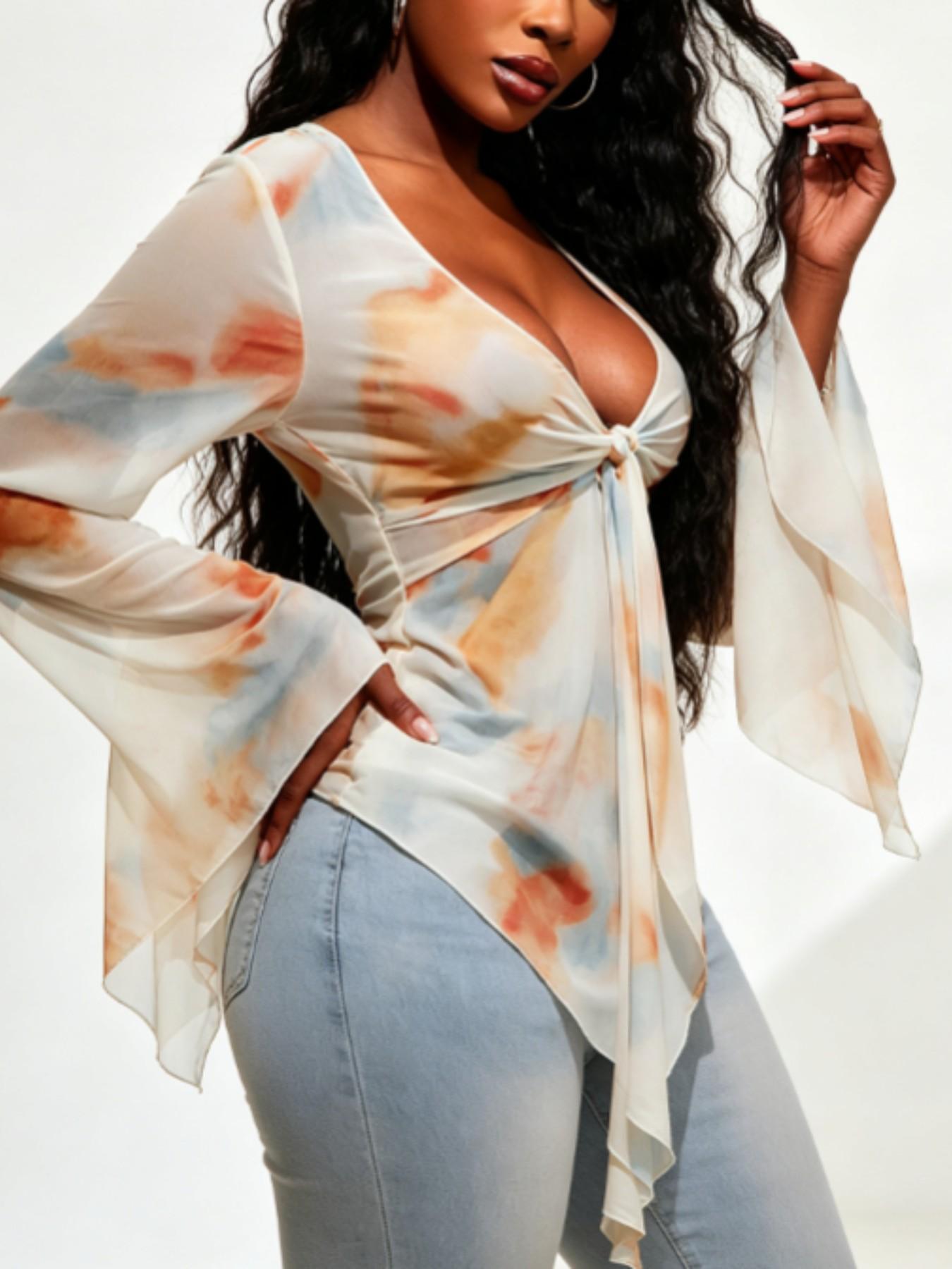 American Style Tie Dye Chiffon Top for Women, Deep V Neck, Knot Tie Straps, Flared Sleeves, Asymmetrical Split, Vacation Long Sleeve Shirt