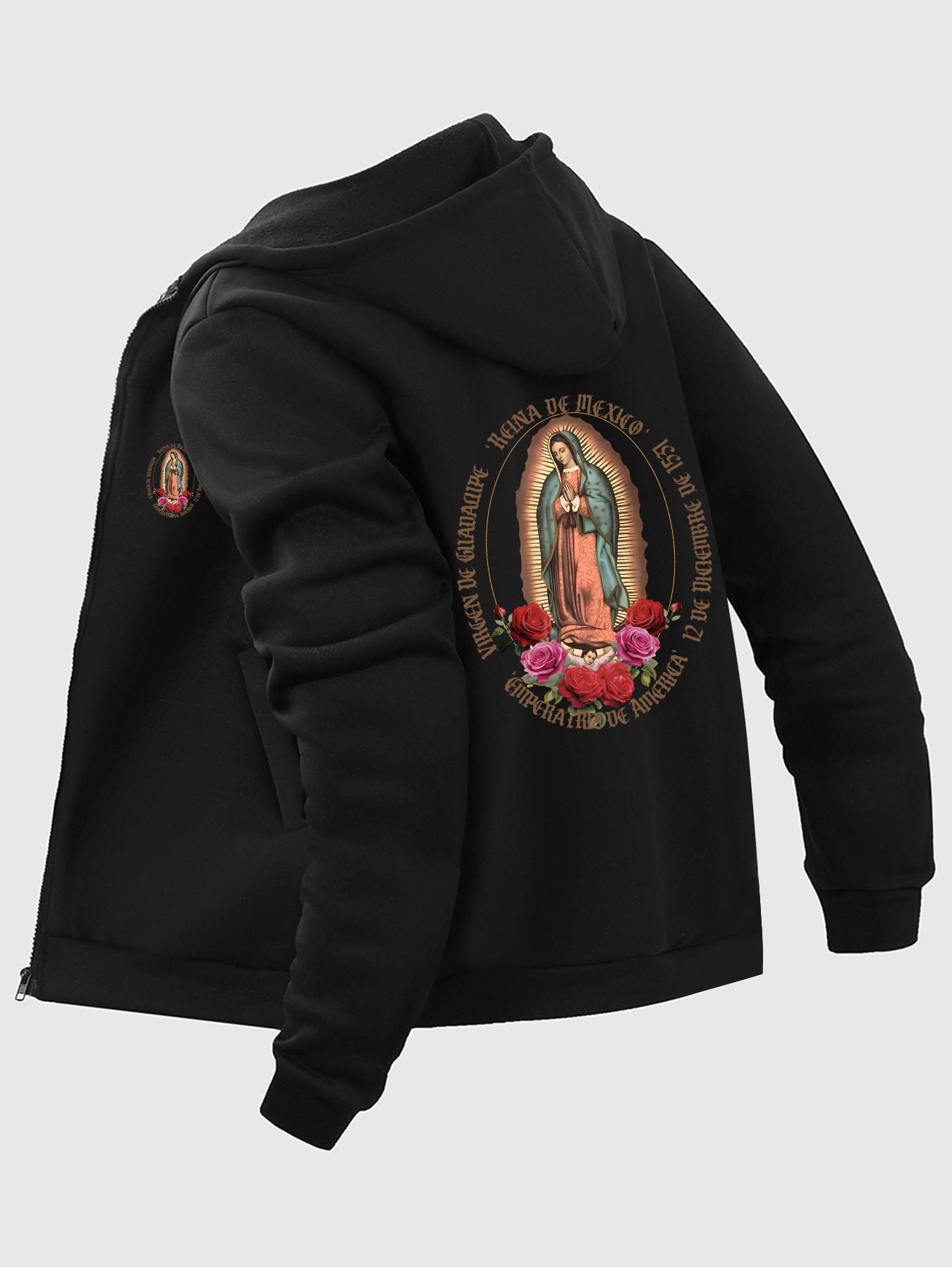 Men's Guadalupe Print Zip Up Hoodie, Casual Regular Fit Long Sleeve Hooded Sweatshirt for Fall & Winter, Men's Top for Daily Wear, Flower Hoodies