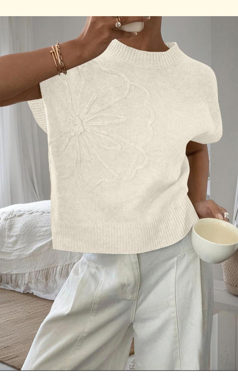 Women's Plain Flower Jacquard Semi-sheer Cable Knit Top, Casual Sleeveless V Neck Knitwear for Daily Wear, Ladies Clothes for All Seasons