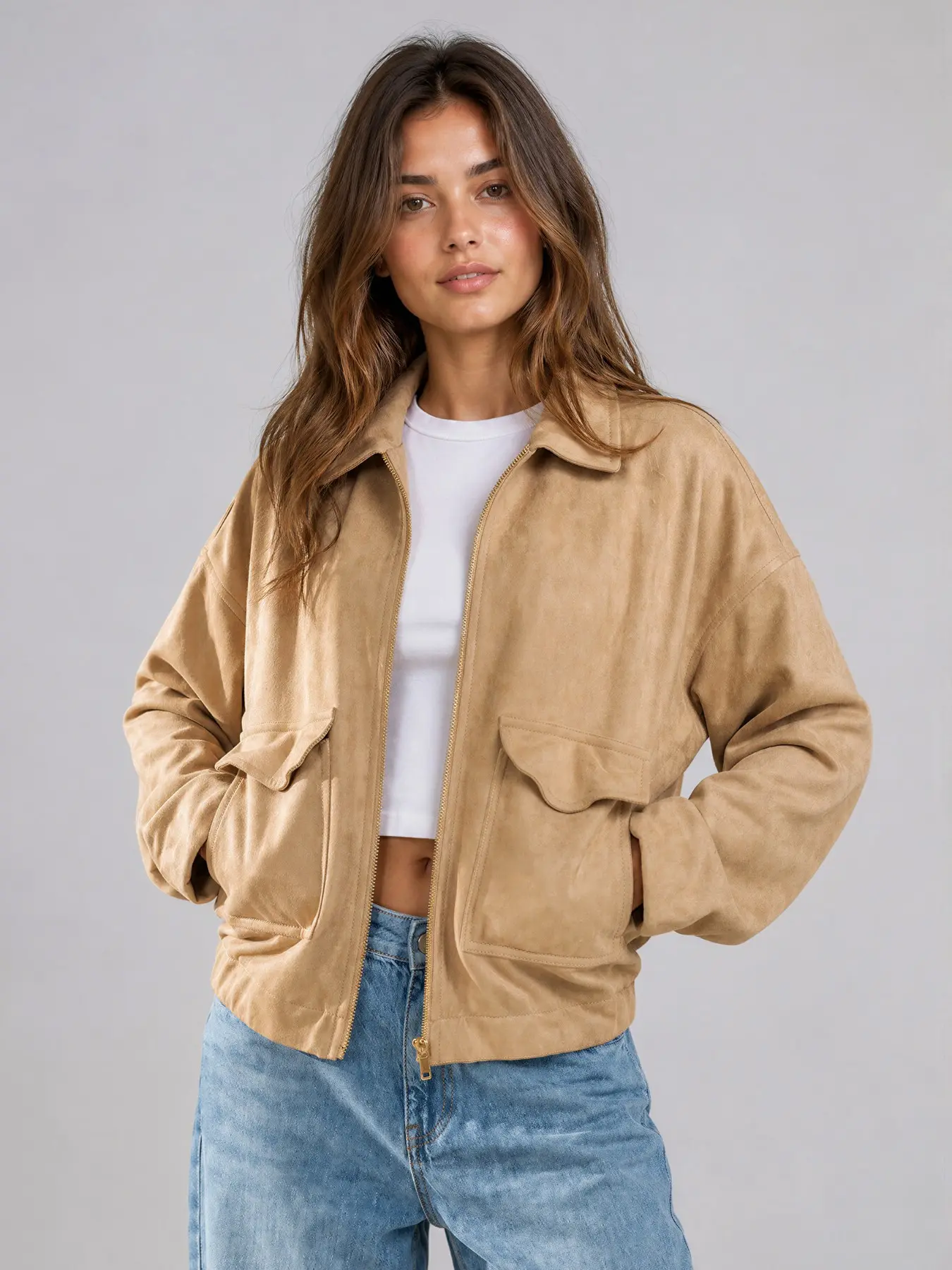 Women's Versatile Faux Suede Flap Pocket Zip-Up Bomber Jacket, Durable Skin-Friendly Loose Outerwear, Fall & Winter Lapel Collar Batwing Sleeve Going Out Outfit #TikTokMadeMeBuyIt #VintageStreetwear #VintageStreetwear