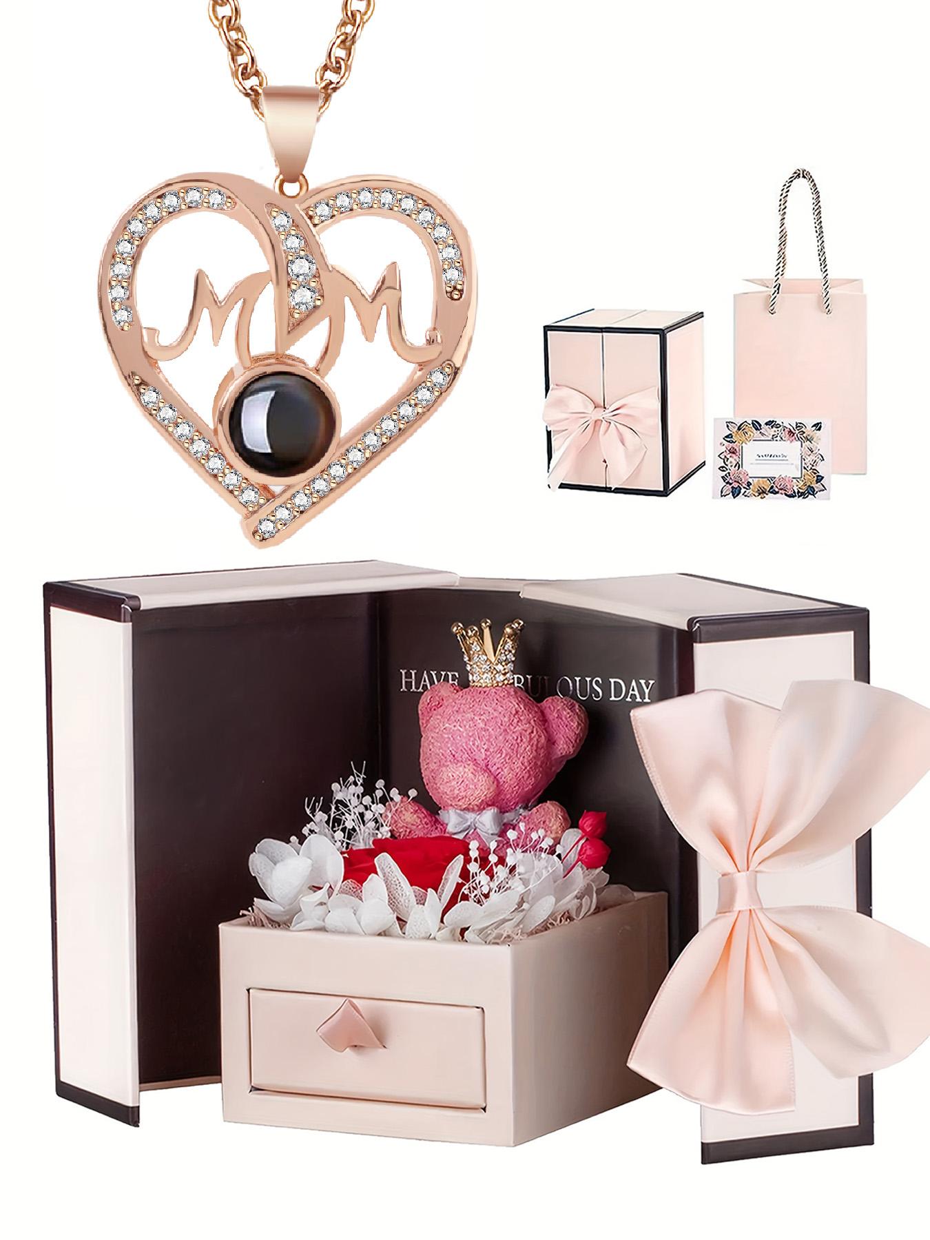 The gift from the husband to his wife, a gift for a new mother, the love projection necklace and the rose bear gift box, a Mother's Day gift, the best gift for her, suitable for wearing in various occasions