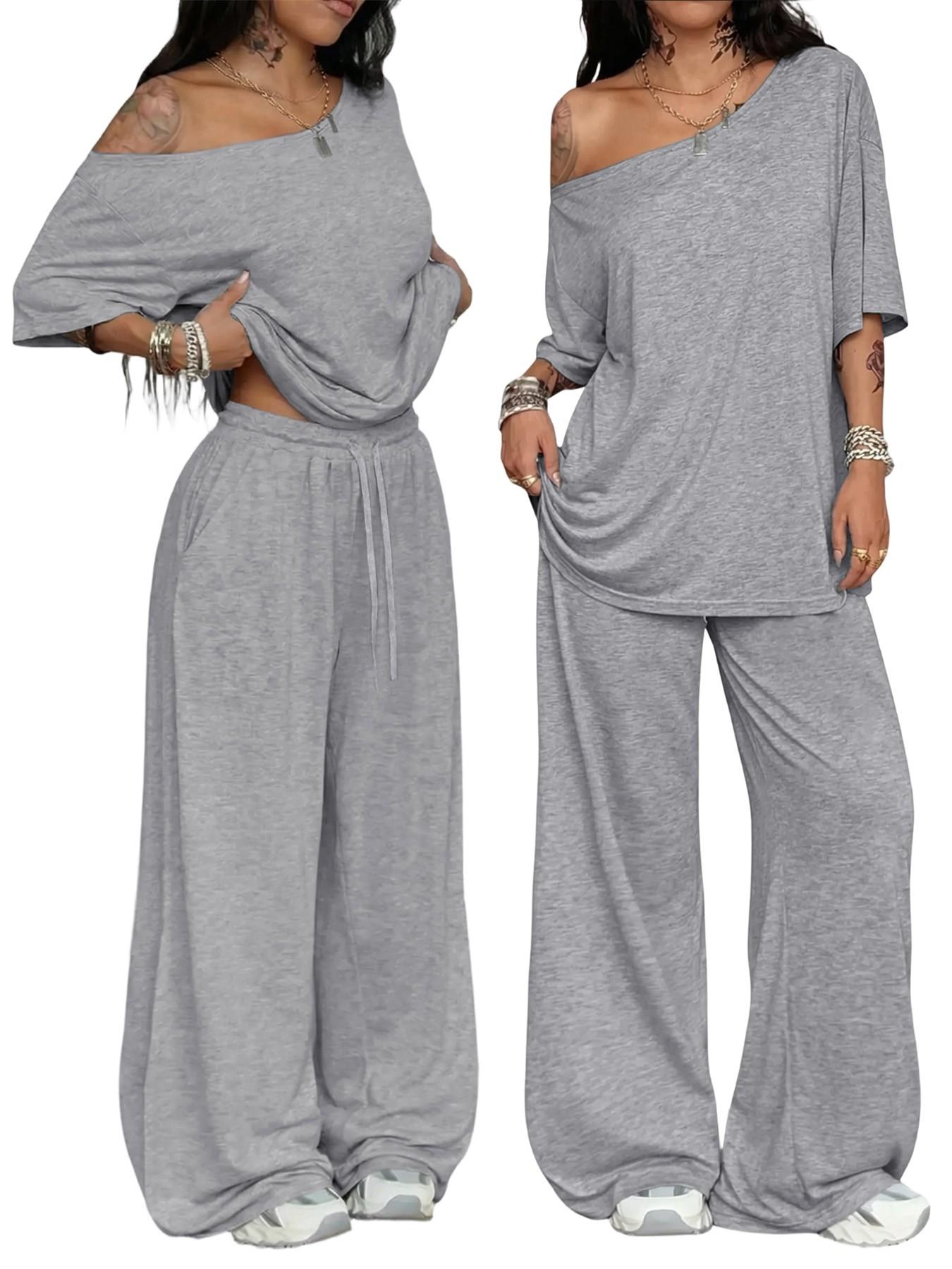 2026 French Minimal Off-The-Shoulder Loungewear Top, Summer Loose Short Sleeve, Drawstring Adjustable High Waist Wide Leg Pants, Figure-Flattering Casual, Casual Loungewear Sets