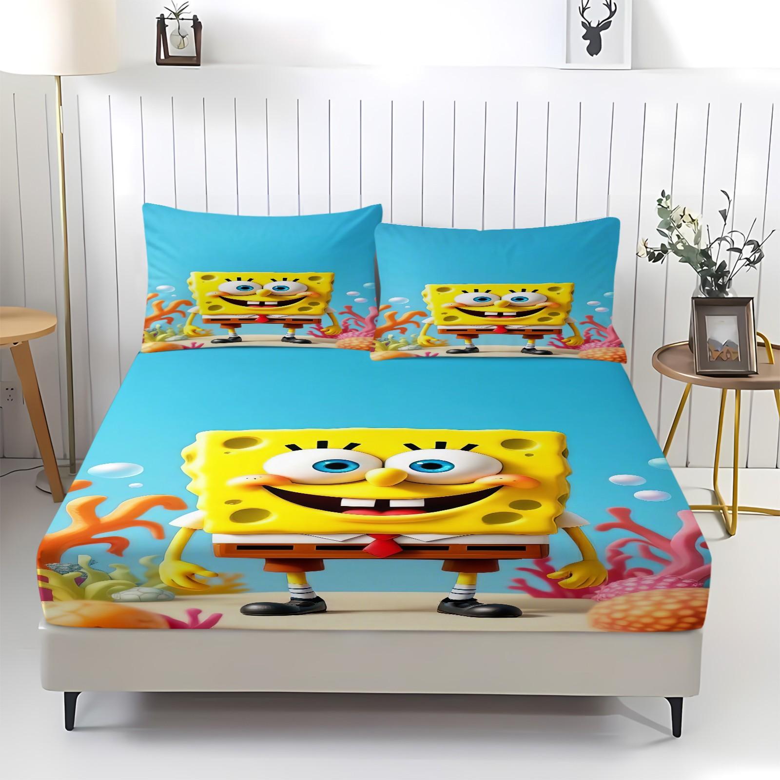 3 Piece Spongebob Pattern Fitted Sheet Set, Soft And Durable Bedding Set Includes 1 Piece Flat Sheet And 2 Pieces Pillowcases, Daily Holiday Birthday Gift Bedroom Decorations For Kids And Adults