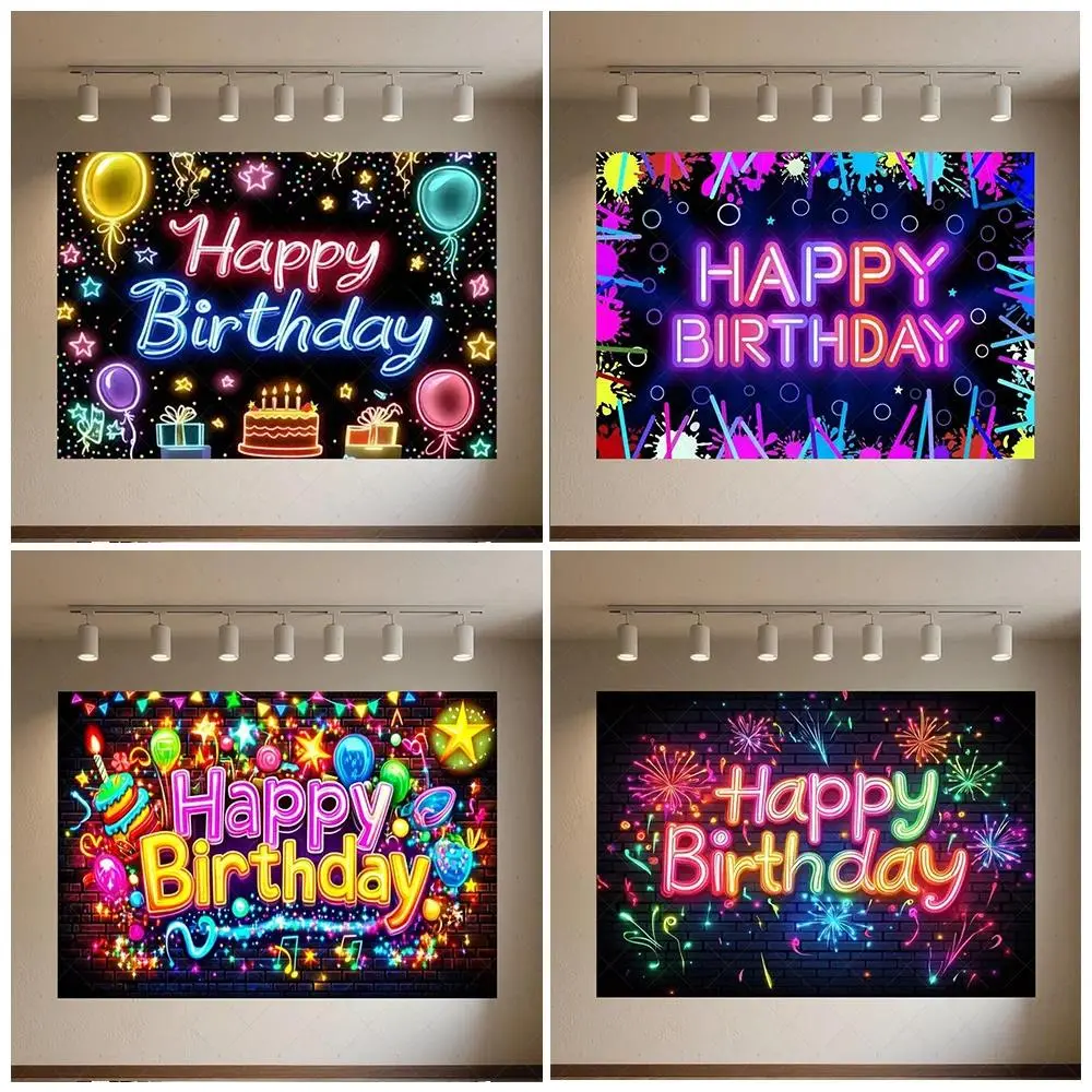 Glitter Happy Birthday Background Banner Glow Neon Dance Carnival Party Decorations Colourful Backdrop Supplies Photography Prop