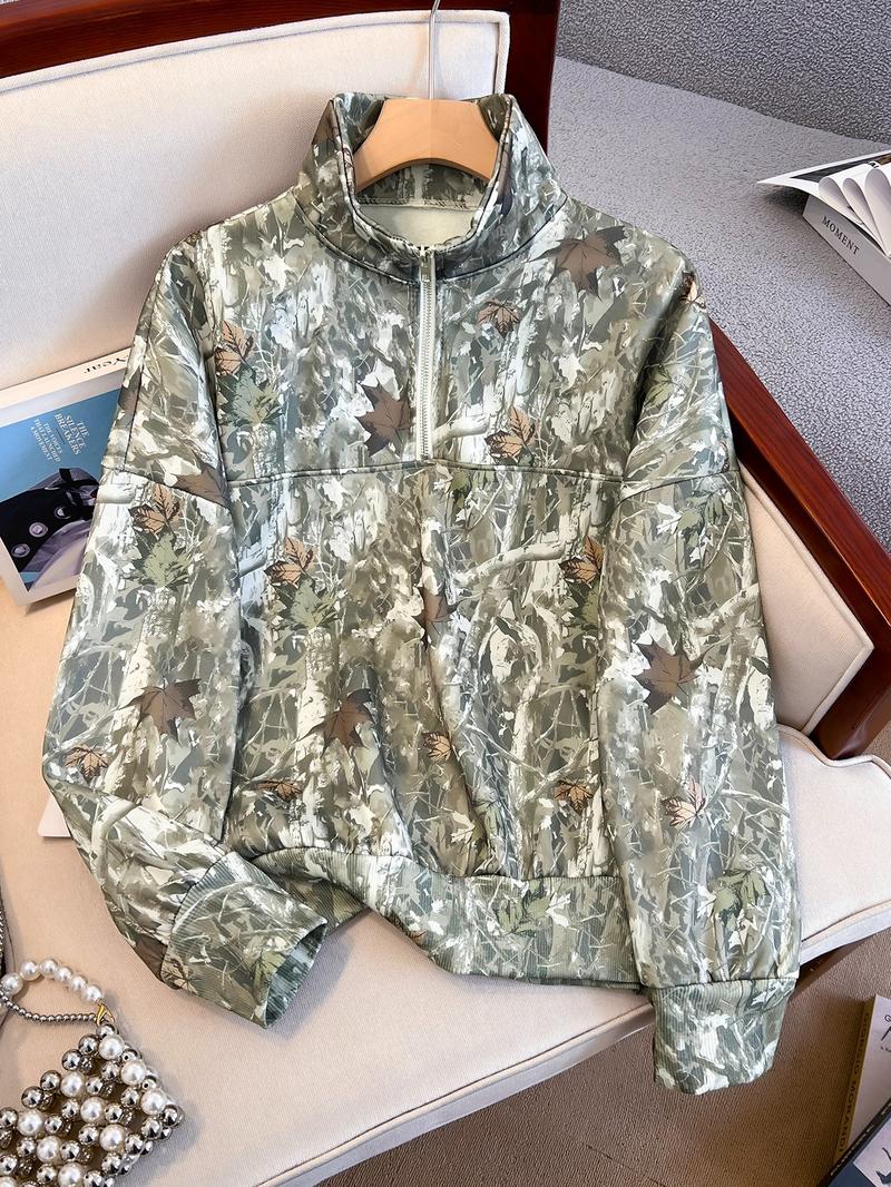 Women's Camo Printed Half-Zip Hoodie, Casual Long Sleeve Loose Fit Top, Outdoor Fashion Fall & Winter Clothing