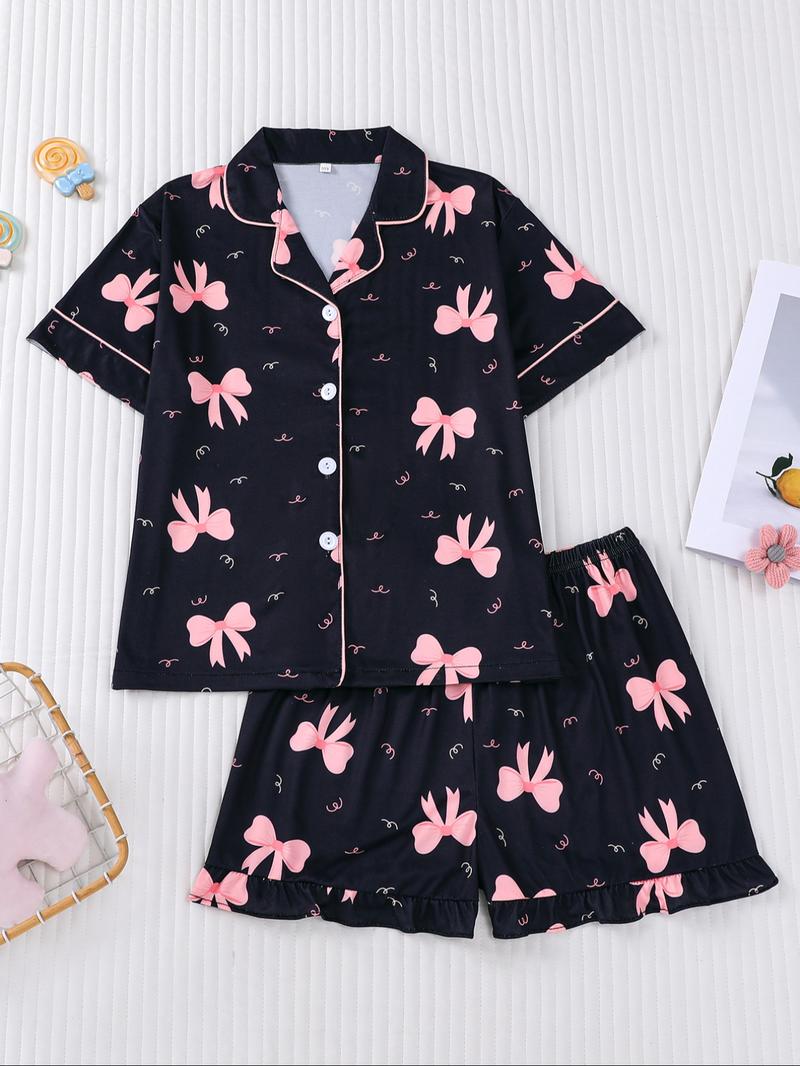 Sweet Bow Print Kids Pajama Set, Base Fitted Short Sleeve Top & Elastic Waist Shorts, Casual Home Wear for Girls