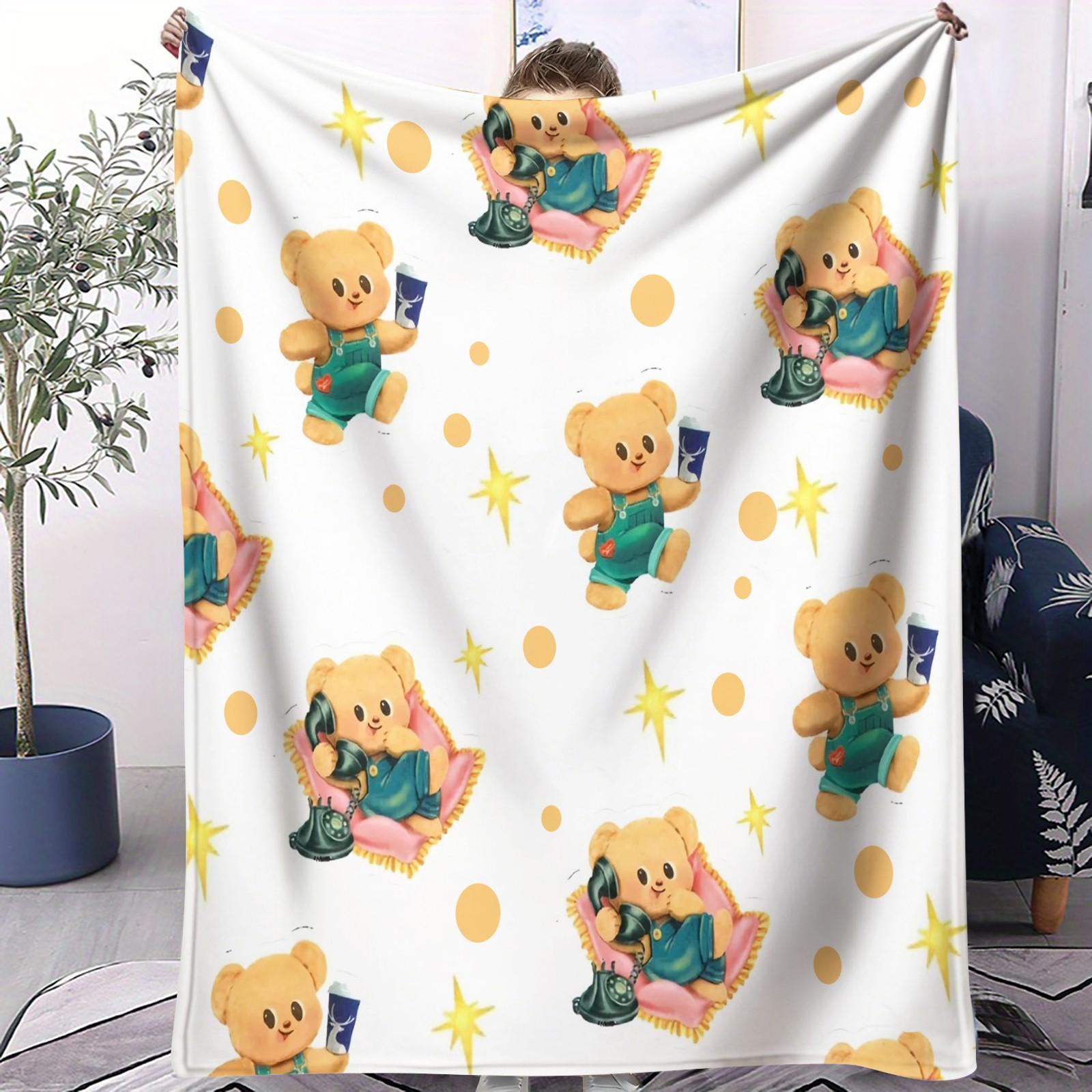 Cute Cartoon Bear Print Throw Blanket, Japanese Style Soft Teddy Bear Pattern, Skin-Friendly Soft Flannel Lightweight Cozy Blanket for Kids Bedroom, Nursery, Couch, Bed and Dorm, Lovely Aesthetic Home Decor, Ideal Birthday and Holiday Gift for Bear Lovers