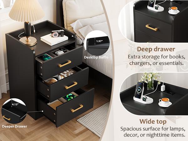 FOTOSOK Nightstands Set of 2 Black Nightstand with Charging Station, 3 Drawer Nightstand with Gold Handles, Side Table for Home Office