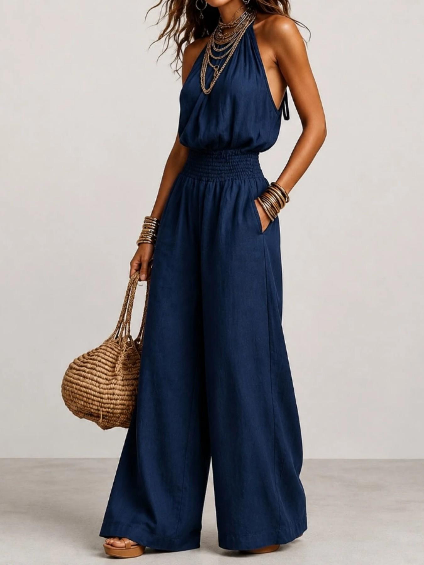 BohoChic Smocked High Waist Linen Blend Halter Neck Wide Leg Jumpsuit, Plain Ruched Jumpsuit, Sleeveless Pocket Design Casual Outfit for Beach Vacation Bohemian Daily Wear, Oversized Loose Fit Resort Romper Outfit Women Apparel