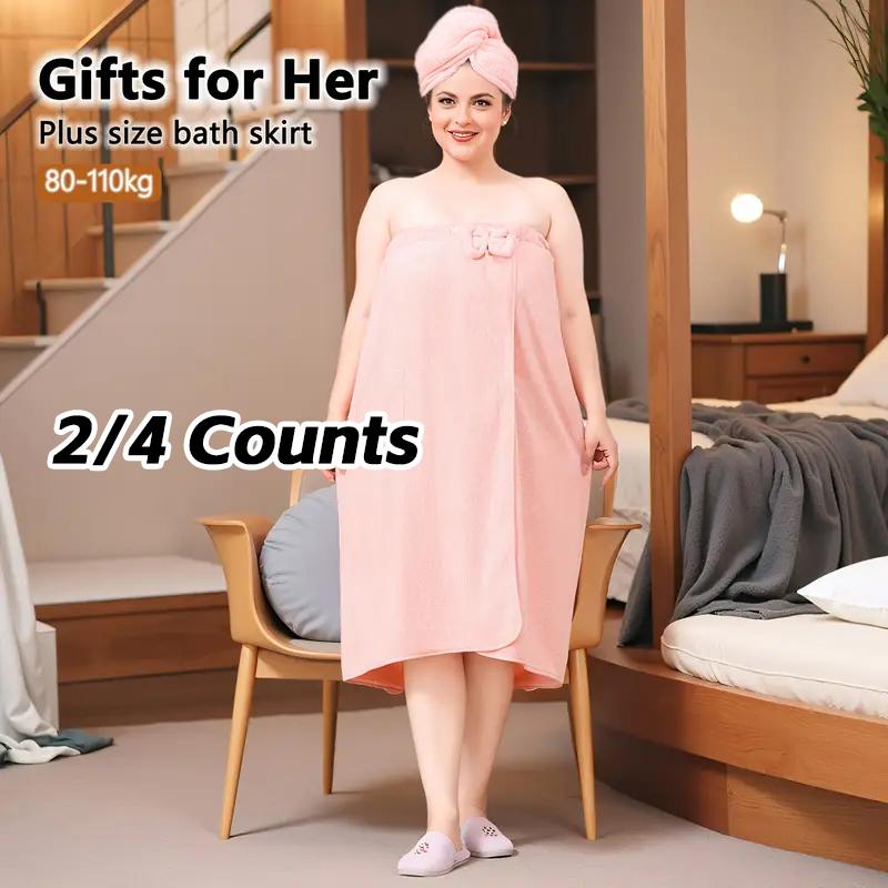 Plus Size Solid Color Bathrobe, 2/4 Counts Soft Water Absorbent Bath Skirt & Hair Drying Cap, Bathroom Supplies for Home Hotel Salon