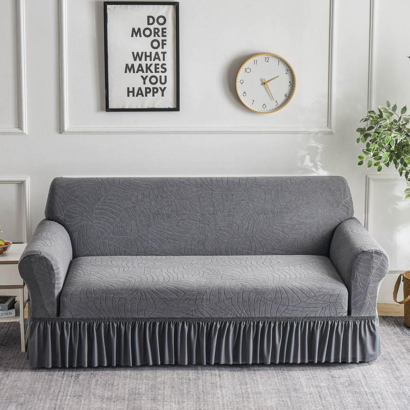 Water Repellent Stretch Sofa Cover, Ruffle Skirt, Leaf Jacquard, Anti-Slip, Pet & Kids Friendly, Furniture Protector for 1/2/3 Seater, Washable Elastic Sofa Slipcover