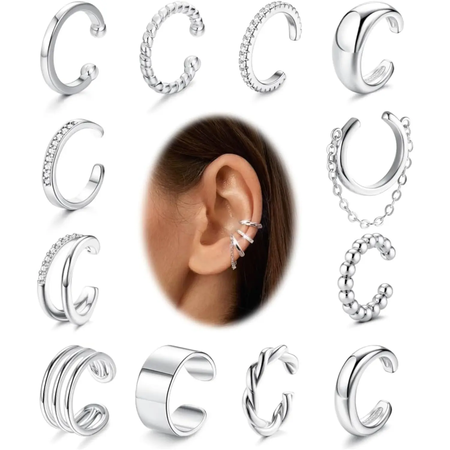 12 Pcs Ear Cuffs for Women, Non Piercing Earrings, Adjustable Clip On Cartilage Cuff Earrings, Cubic Zirconia Fake Earrings, Gold & Silver Jewelry