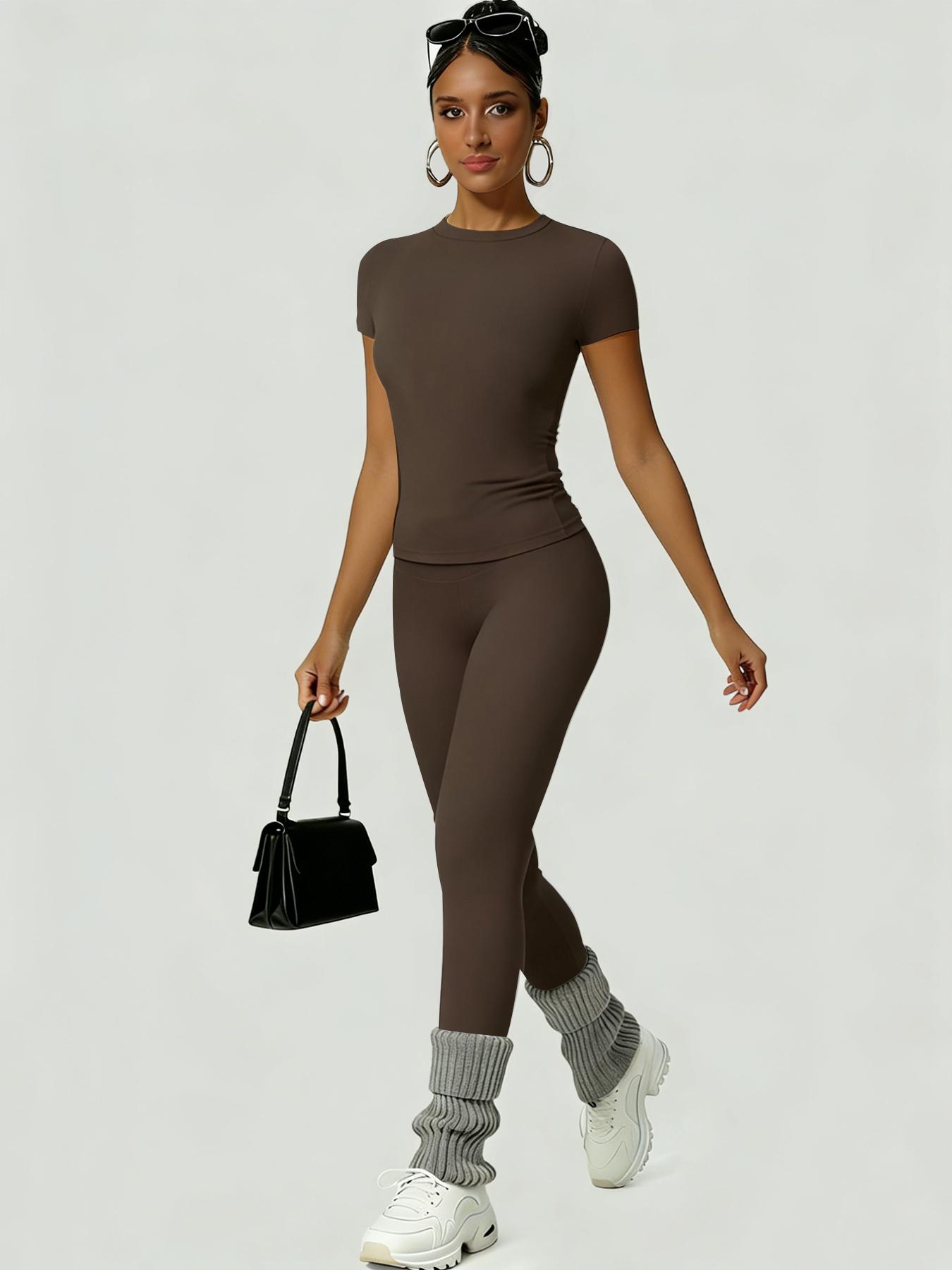 Women's Slim-Fit Round Neck Short Sleeves Top & High-Waisted Yoga Pants Sportswear Set, Ideal for Gym Running and Outdoor Activities