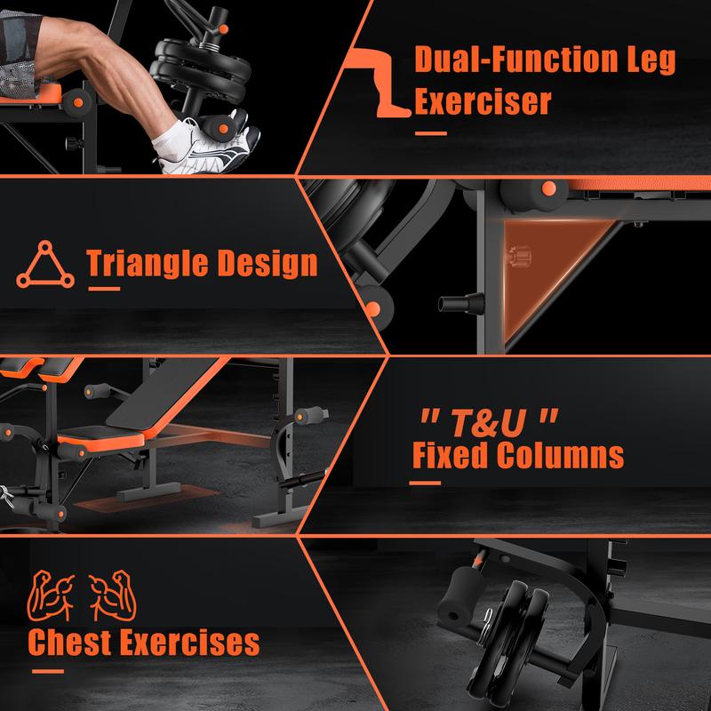 Bearbro 660lb 6-in-1 Adjustable Weight Bench with Multi-Purpose Workout Bench Set With Barbel Rack and Leg Developer for Home Gym Full Body Function Strength Training，Barbell Rack can support up to 990 pounds，dealsforyoudays
