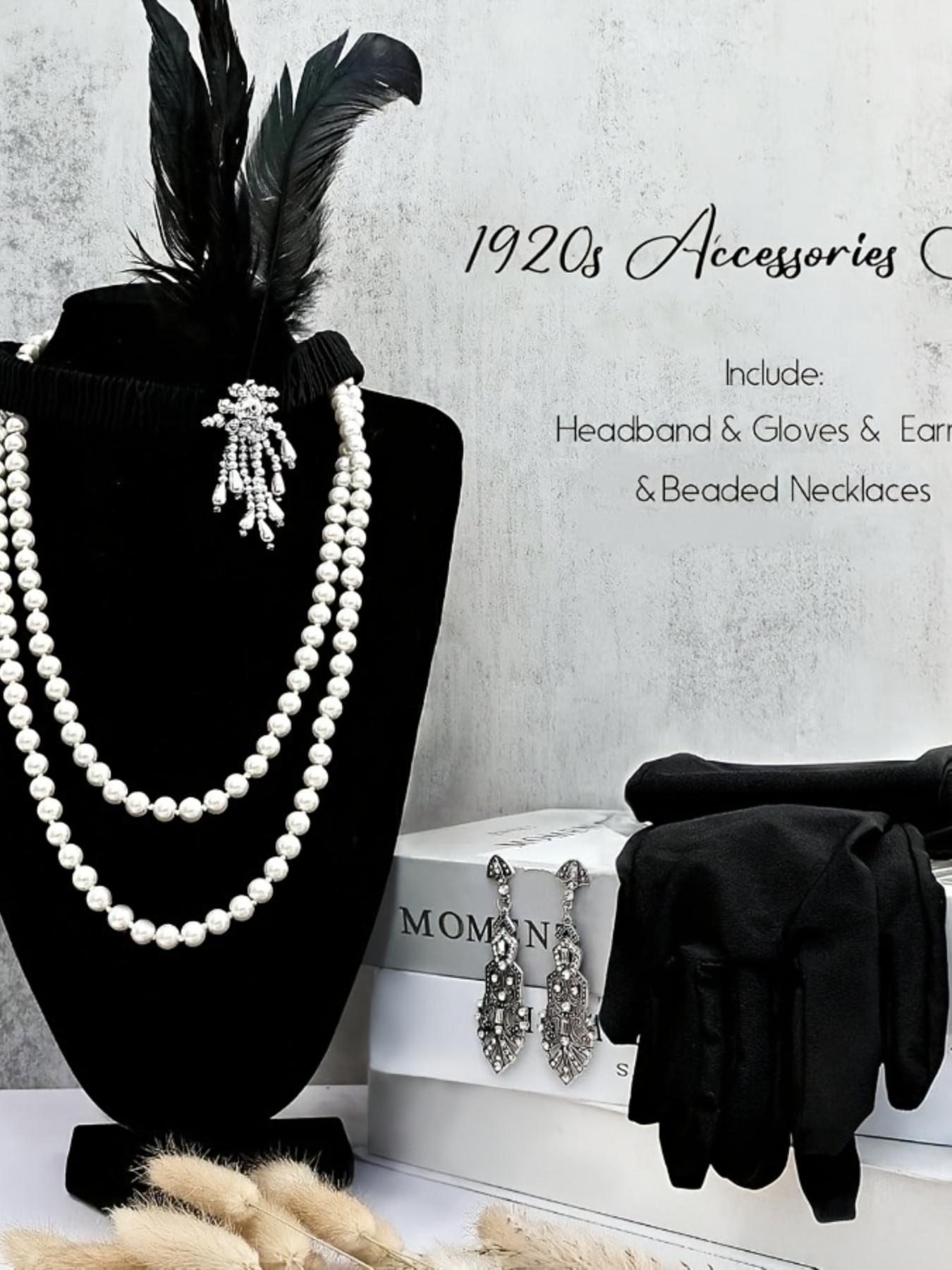 Women Vintage Retro Costume Set Including Hairband Beaded Necklace Earrings Gloves, Perfect for Wedding Party Gift Tea Party Photo Shoot