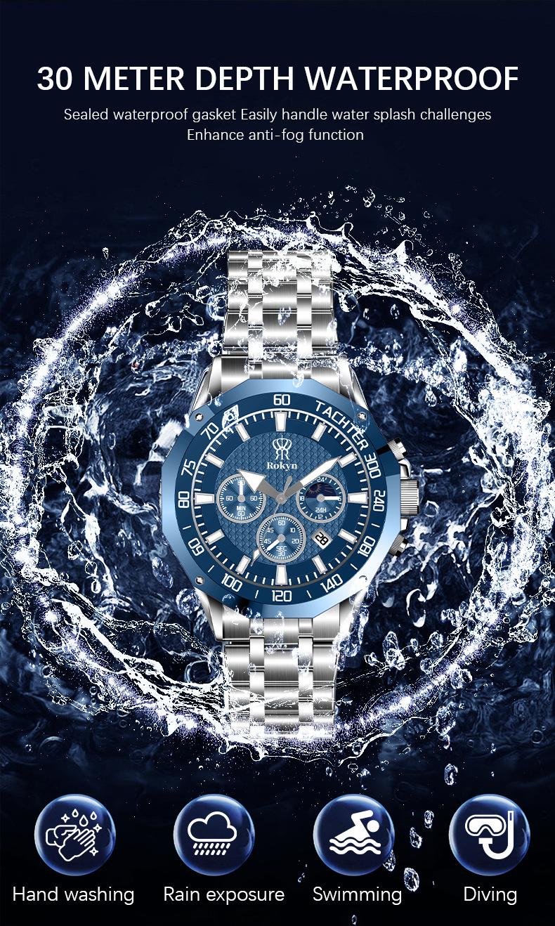 Rokyn Multifunctional Steel Band Quartz Watch, Waterproof Night Glow Moon Phase Timer, Men's Three Eye Six Needle Wristwatch