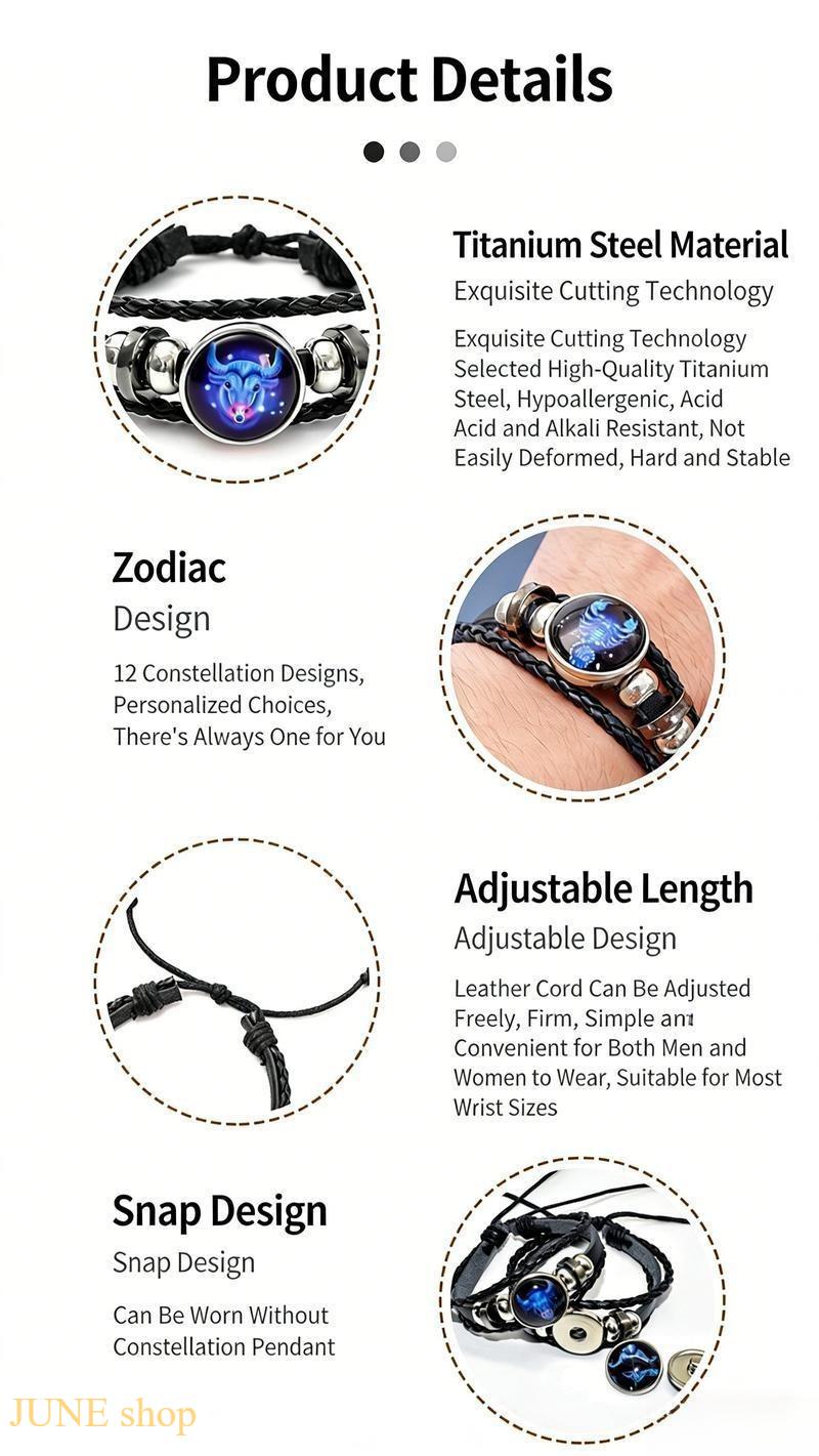Unisex Zodiac Exquisite Trendy Bracelet - Glow-in-the-Dark Leather Adjustable Strap, 12 Constellation Astrology Charm Bracelets & Bangles with Absorbs Light Zodiac Glass, Boosting the Vibe Daily Wear Holiday Gift, Adjustable Strap Bracelets