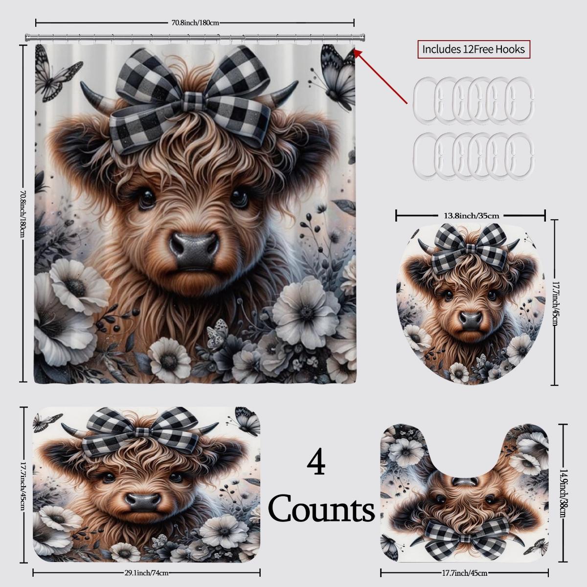 Highland Cow Christmas Shower Curtain Set, 72x72 Inch Waterproof Polyester Bath Curtain, Easy Install, Farmhouse Bathroom Decor