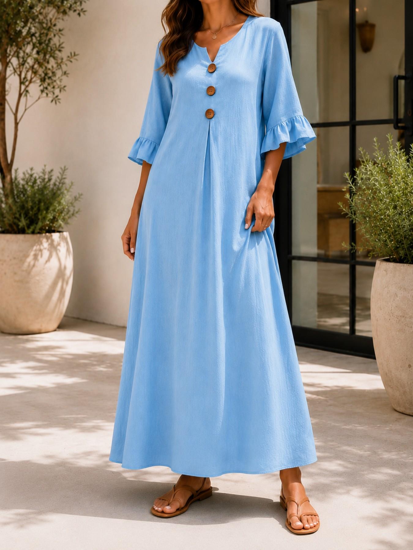 Plus Size Women's Solid Color Feminine Notched-Neck Wooden Button Dress, Loose-Fit Ruffle Sleeve Long Dress, Casual Style A-Line Dress for Office & Vacation