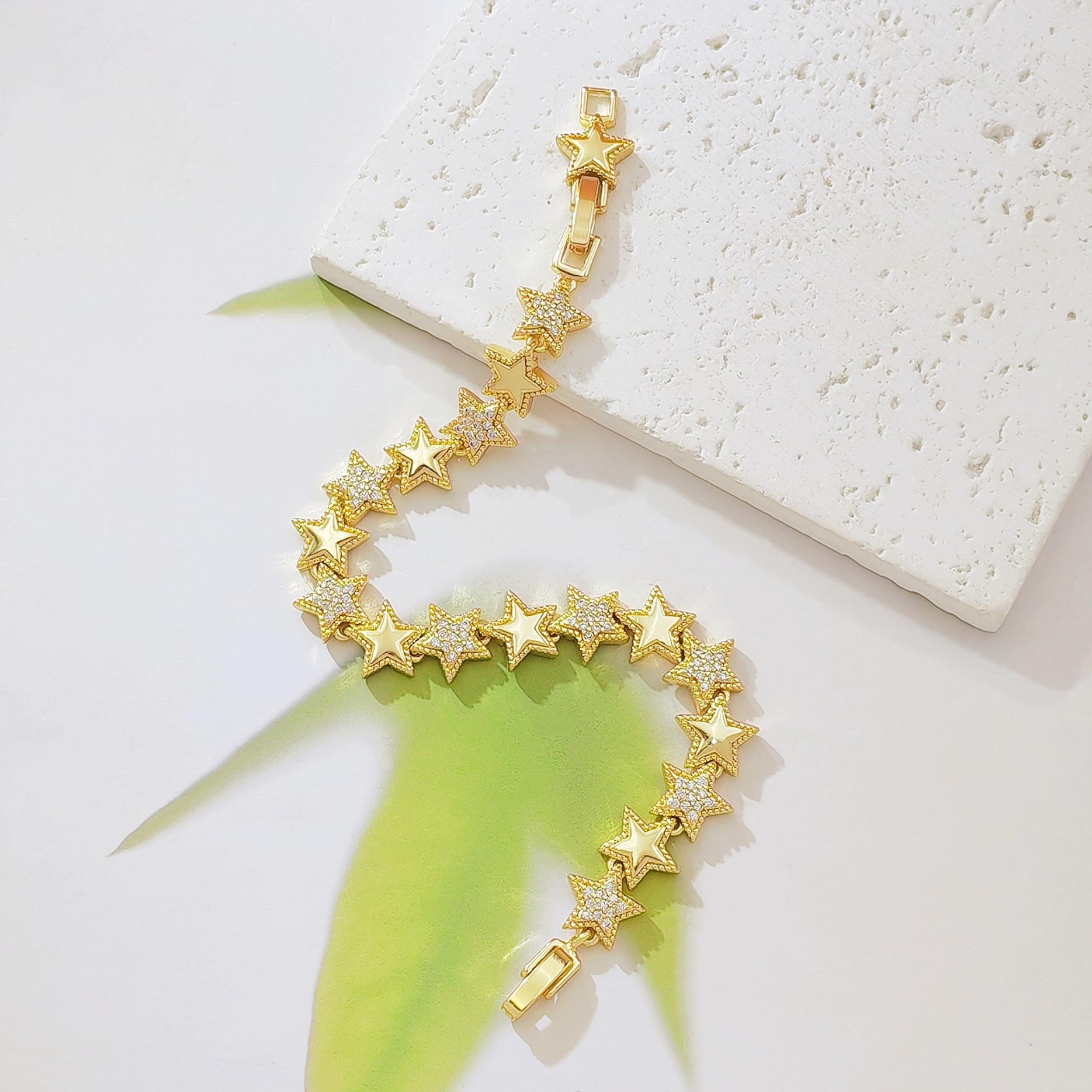 Women's 18 Karat Gold-Plated Star Tennis Bracelet, Dainty Sparkling Cubic Zirconia Link Chain, Celestial Eternity Jewelry, Elegant Wedding Charm, 7.48 in Birthday Christmas Gift for Her
