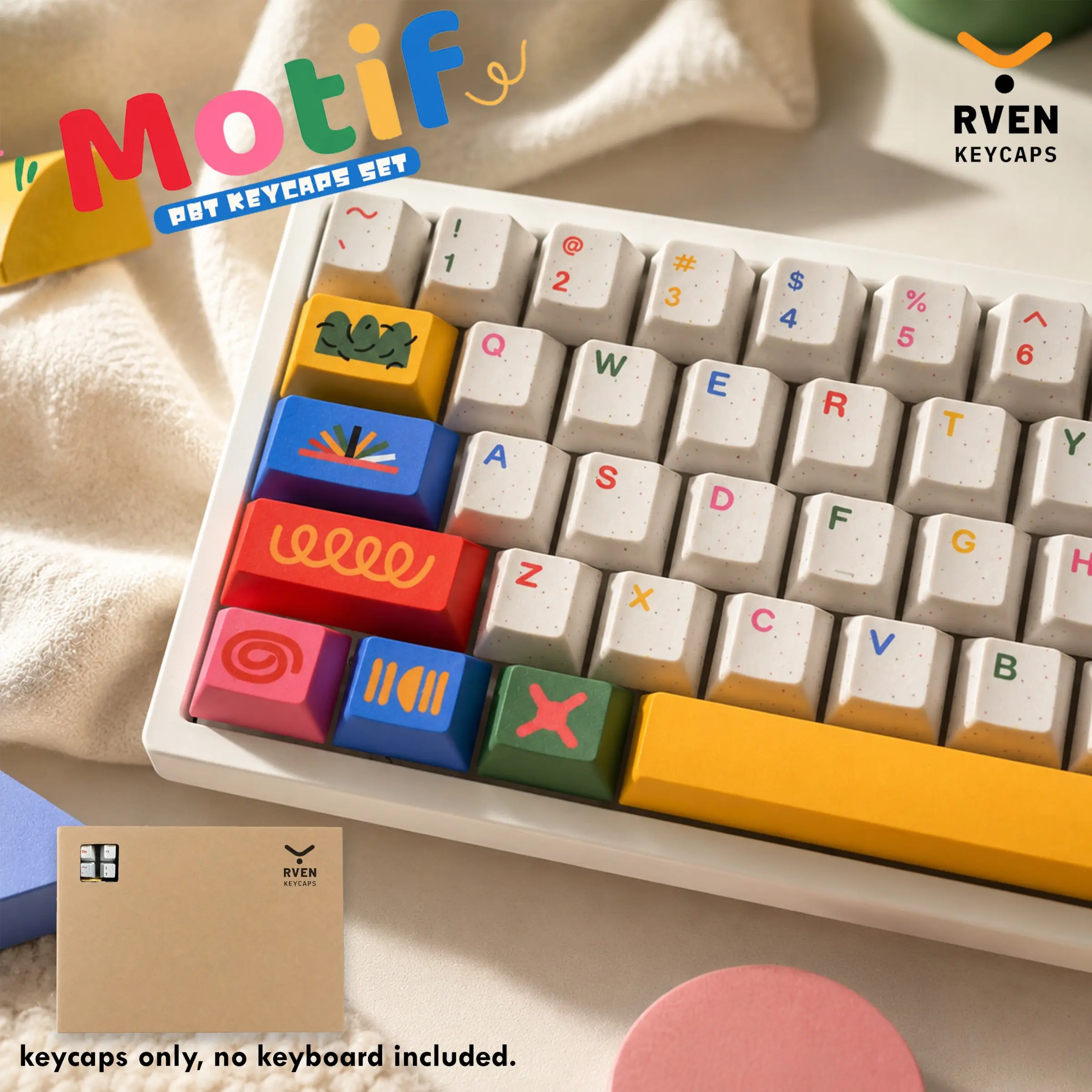 Rven Motif 143 Keys Pbt Keycaps Set, Colorful Art Design, Cherry Outline Dye Sublimation, Compatible with Mx Mechanical Axes