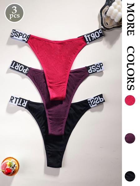 3 Pack Sexy Women's Thong Panties, Comfortable Skin-Friendly Plus Size Underwear, Letter Waistband Design, Casual Style