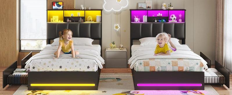 Sikaic Twin Size Bed Frame with Bookcase Headboard and Charging Station Black Bedroom Furniture Set