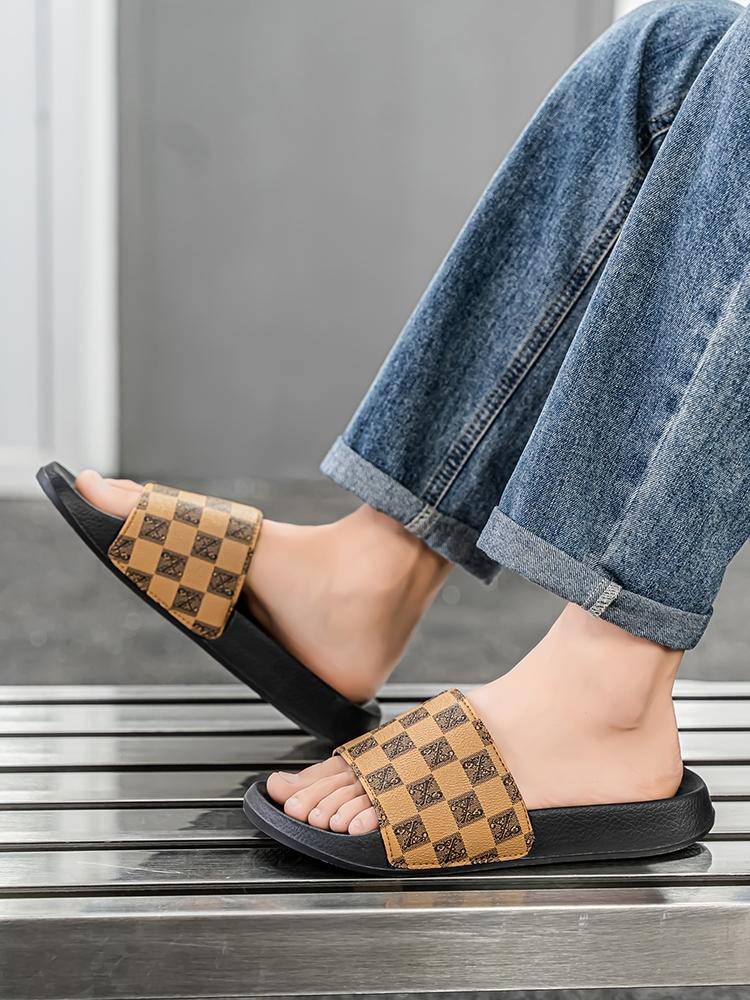 Men's Checkered Pattern EVA Slides, Casual Comfortable Non-slip Slippers, Open Toe Shoes for Indoor Outdoor Beach Shower