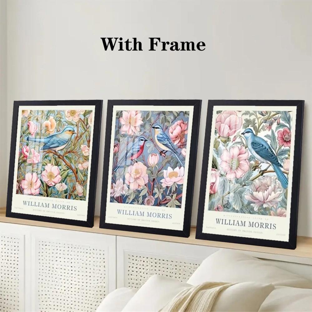 3 Pieces Optional Wooden Frame William Morris Floral Bird Wall Poster Canvas Painting Floral Wall Art Plant Retro Print Living Room Home Decor Color Accurate Reproduction Hanging Painting Clear Texture Canvas Print