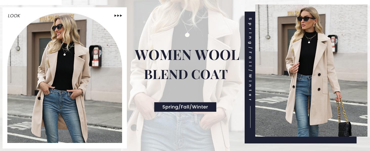 Yeokou Women's Warm Winter Wool Blend Coat Mid-Length Double-Breasted Notch Lapel Outerwear Casual Fashionable Polyester Blend